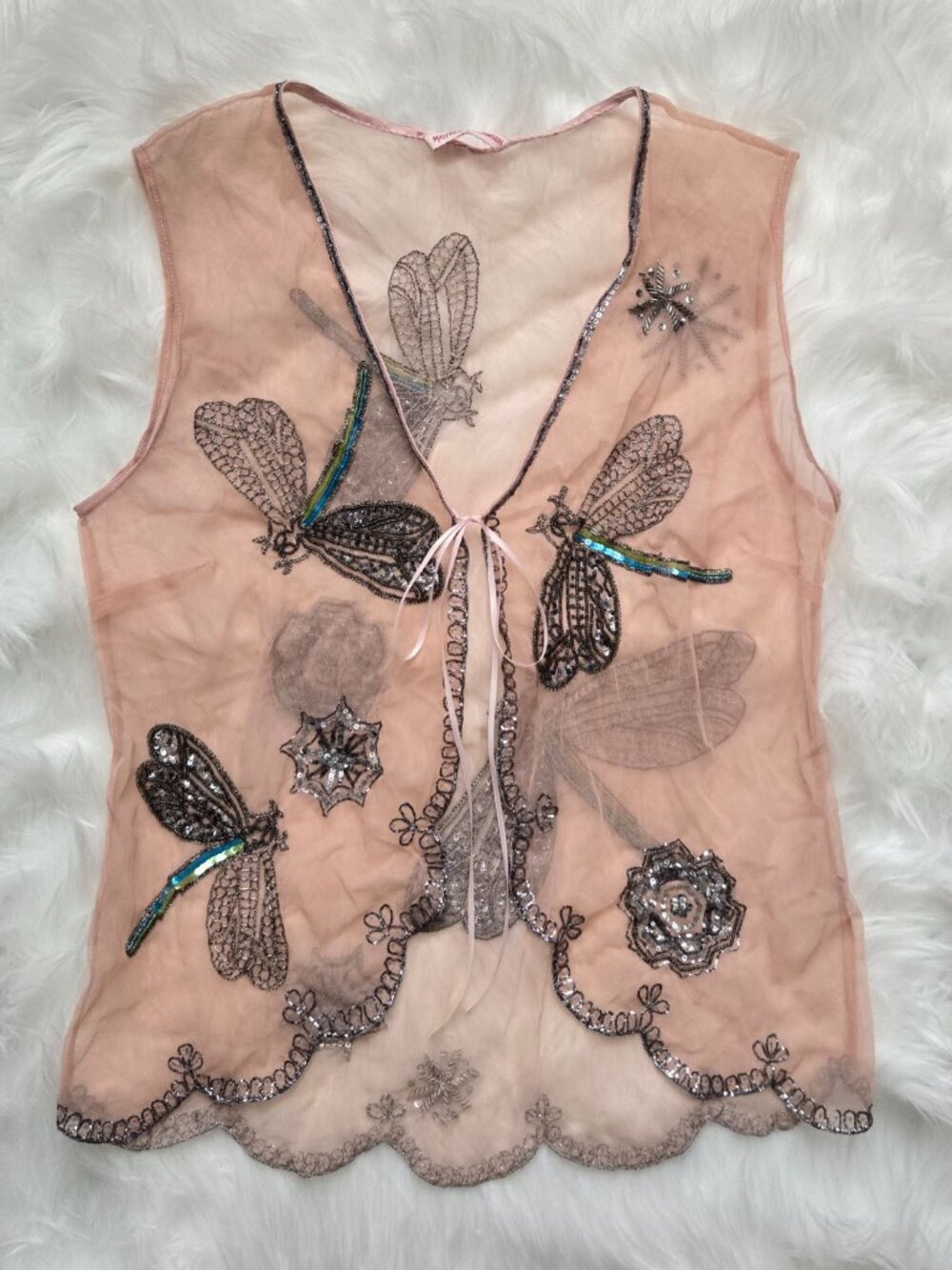 Vintage Fairycore Matthew Williamson Sheer Dragonfly Blush Pink Vest - Picture 2 of 8
